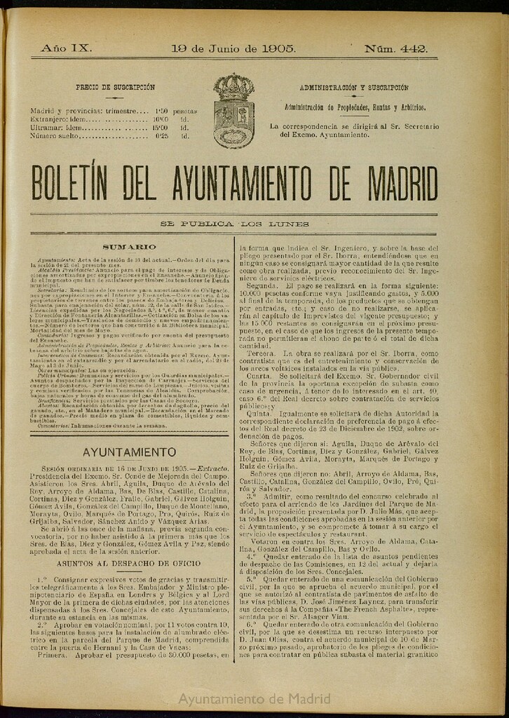 Miniatura de Boletín Oficial del Ayuntamiento de Madrid del 19 de junio de 1905, nº 442