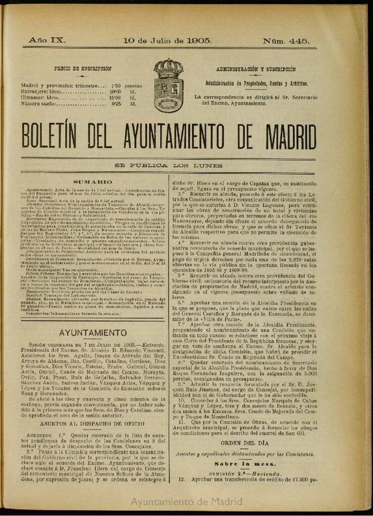 Miniatura de Boletín Oficial del Ayuntamiento de Madrid del 10 de julio de 1905, nº 445