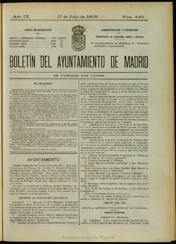 Miniatura de Boletín Oficial del Ayuntamiento de Madrid del 17 de julio de 1905, nº 446