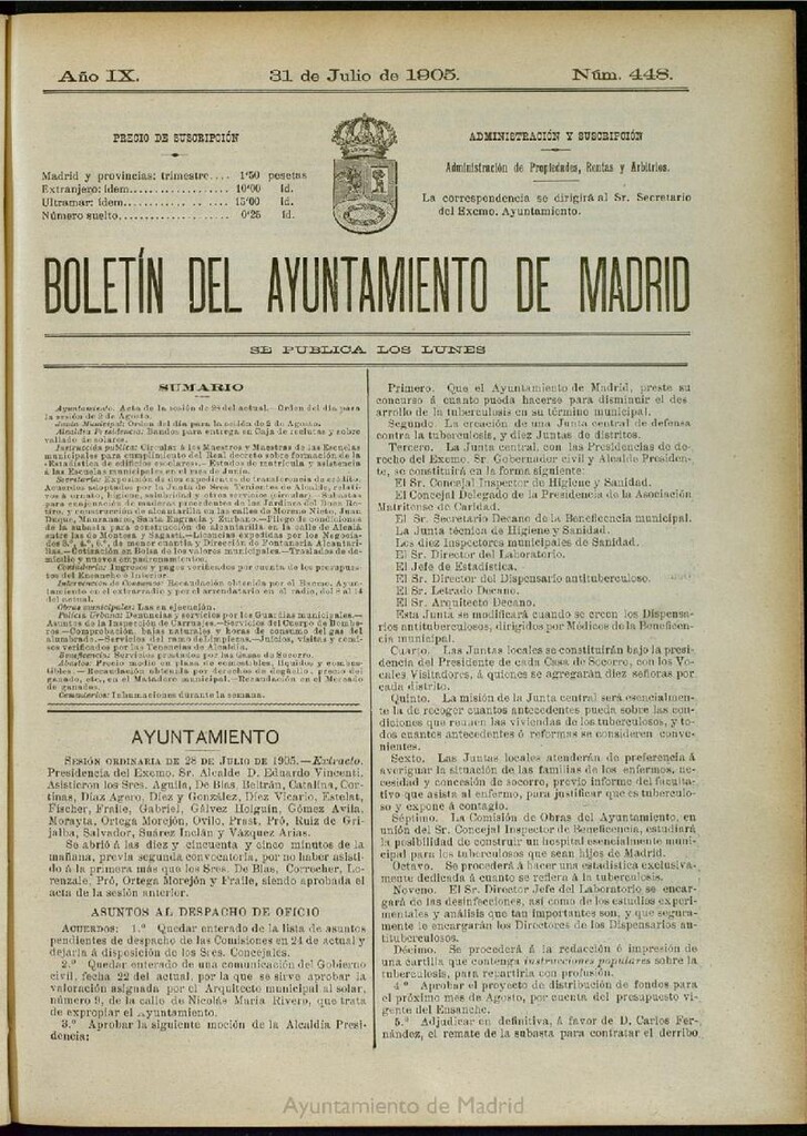Miniatura de Boletín Oficial del Ayuntamiento de Madrid del 31 de julio de 1905, nº 448