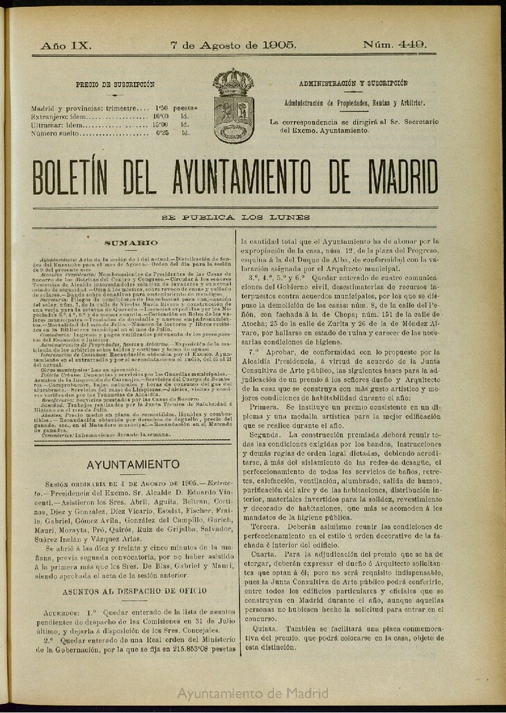Miniatura de Boletín Oficial del Ayuntamiento de Madrid del 7 de agosto de 1905, nº 449