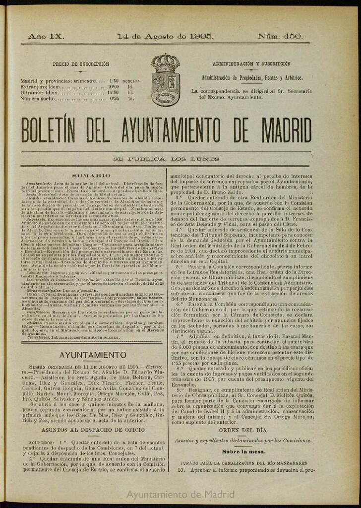 Miniatura de Boletín Oficial del Ayuntamiento de Madrid del 14 de agosto de 1905, nº 450