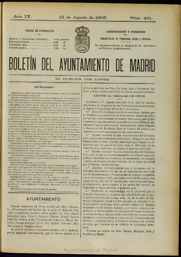 Miniatura de Boletín Oficial del Ayuntamiento de Madrid del 21 de agosto de 1905, nº 451