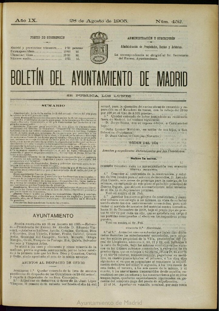 Miniatura de Boletín Oficial del Ayuntamiento de Madrid del 28 de agosto de 1905, nº 452