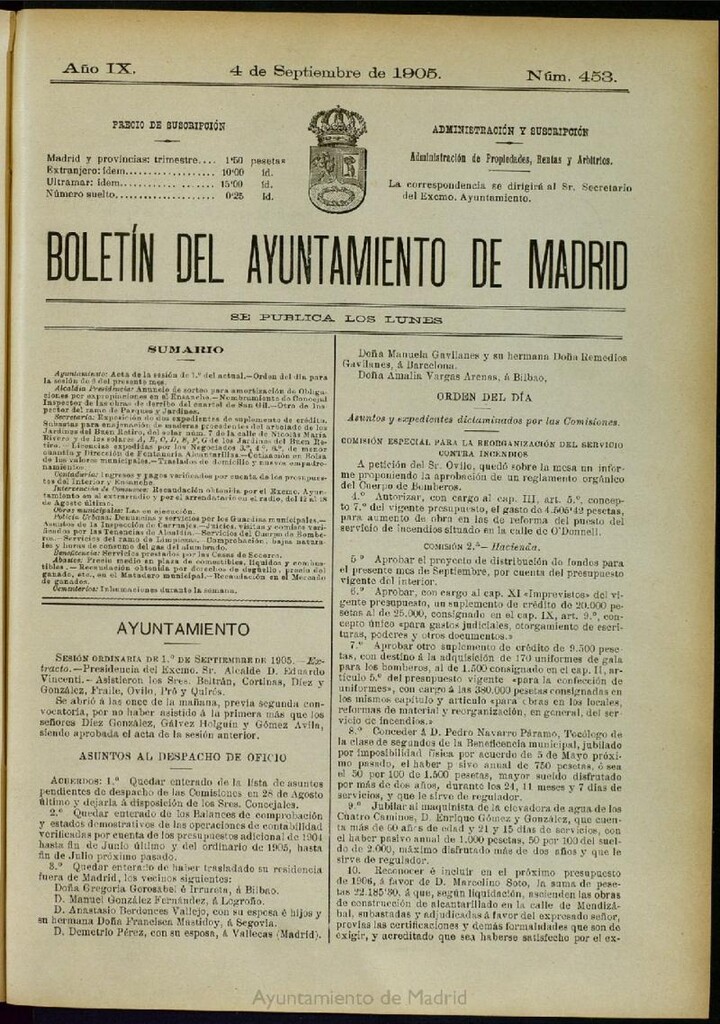 Miniatura de Boletín Oficial del Ayuntamiento de Madrid del 4 de septiembre de 1905, nº 453