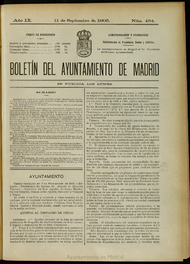 Miniatura de Boletín Oficial del Ayuntamiento de Madrid del 11 de septiembre de 1905, nº 454