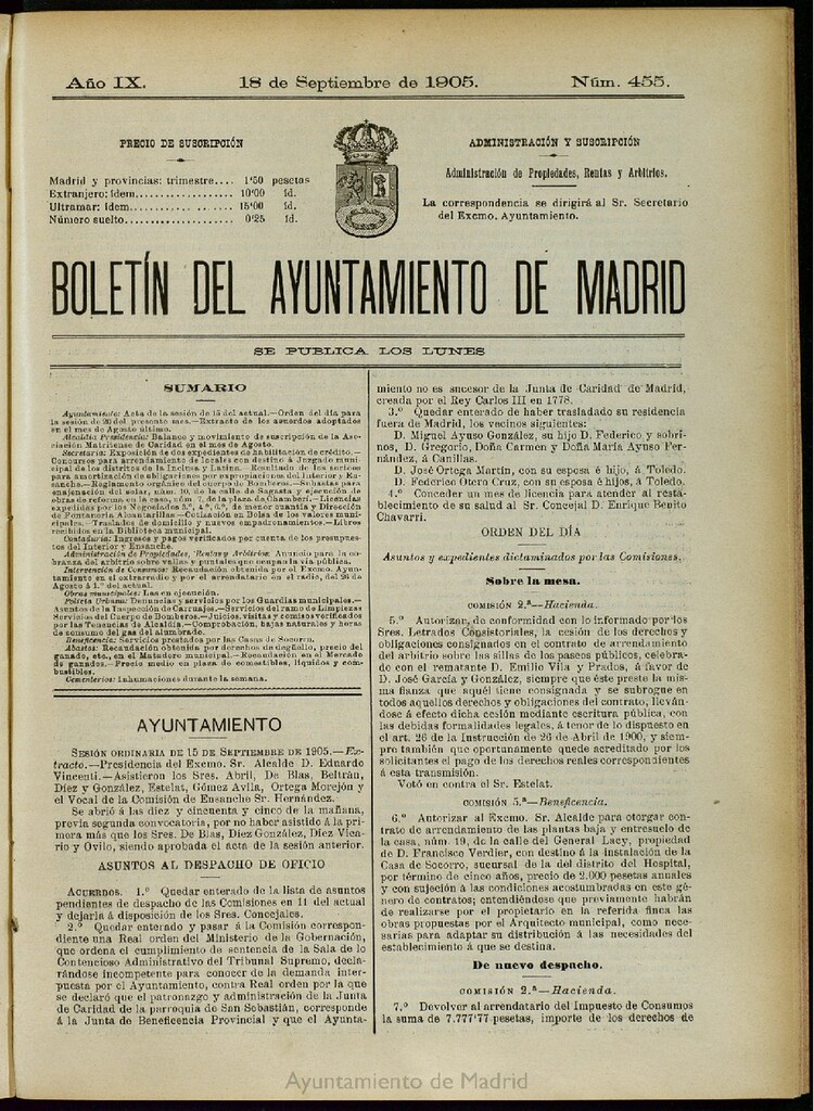 Miniatura de Boletín Oficial del Ayuntamiento de Madrid del 18 de septiembre de 1905, nº 455