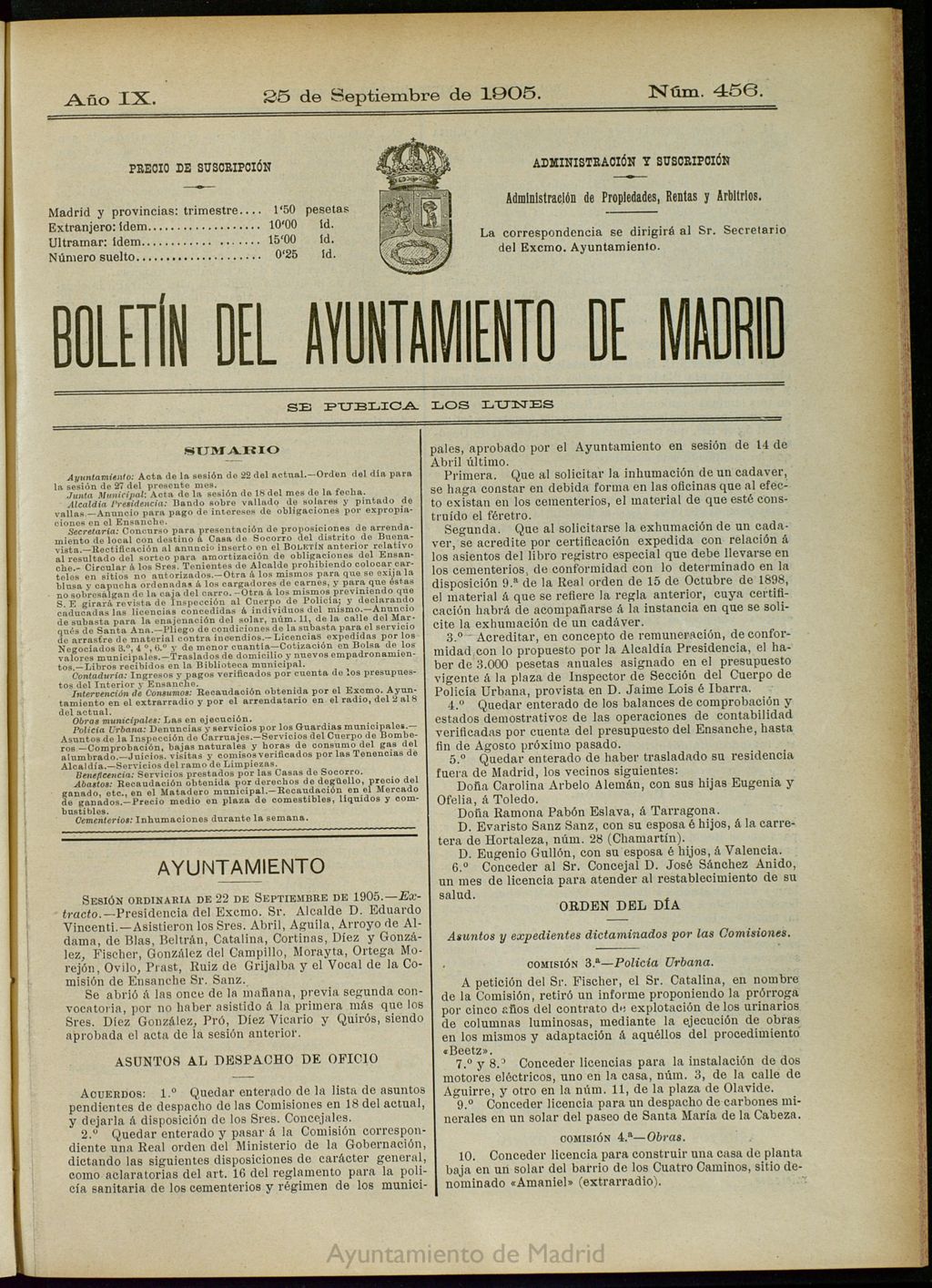 Miniatura de Boletín Oficial del Ayuntamiento de Madrid del 25 de septiembre de 1905, nº 456