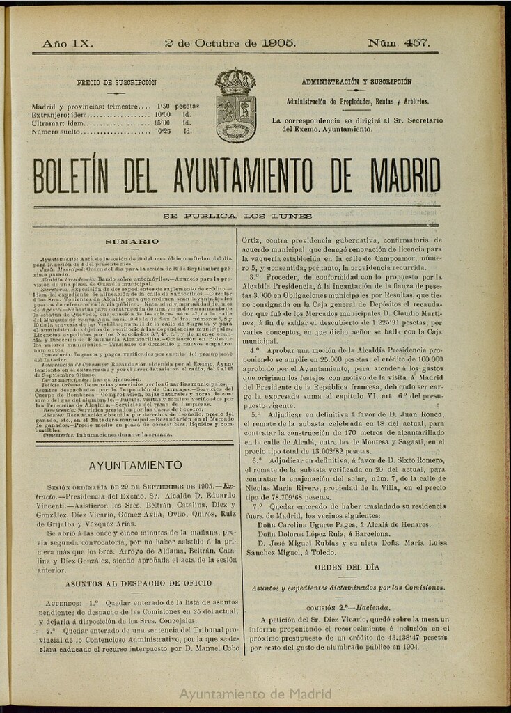 Miniatura de Boletín Oficial del Ayuntamiento de Madrid del 2 de octubre de 1905, nº 457