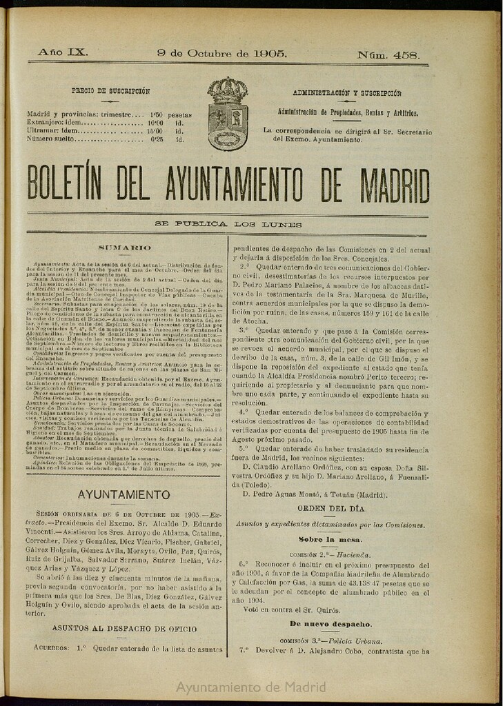 Miniatura de Boletín Oficial del Ayuntamiento de Madrid del 9 de octubre de 1905, nº 458
