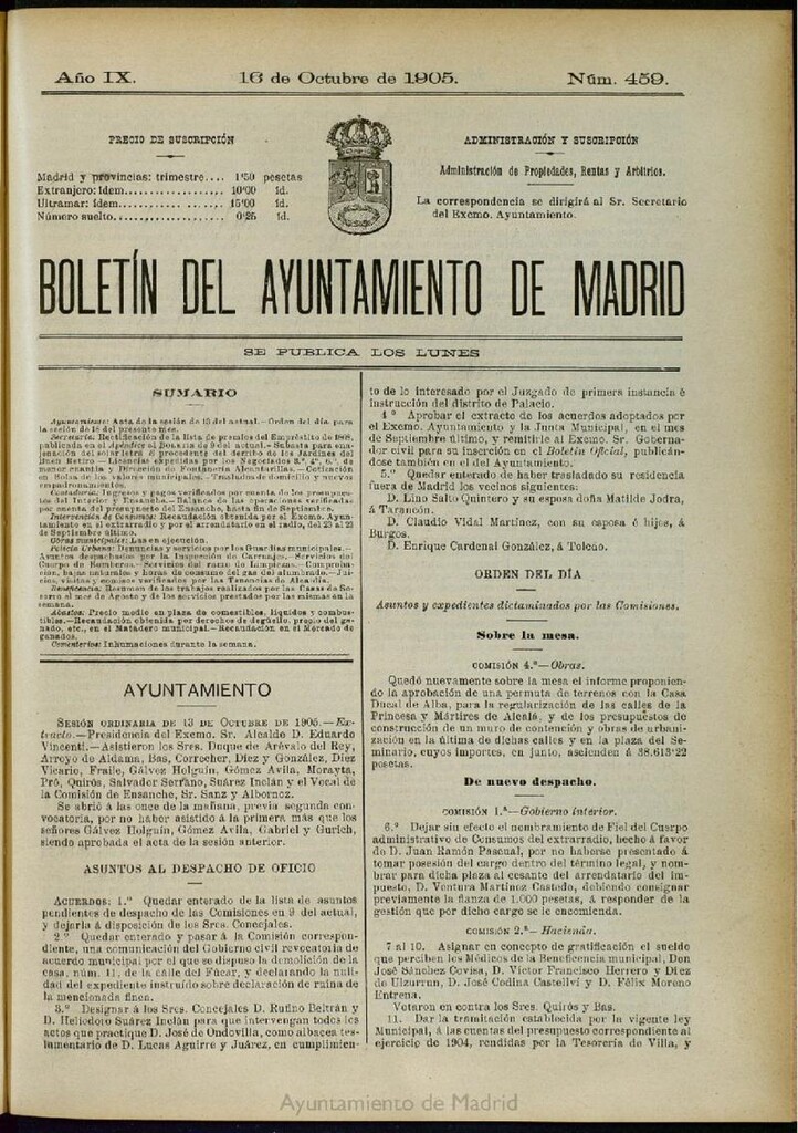 Miniatura de Boletín Oficial del Ayuntamiento de Madrid del 16 de octubre de 1905, nº 459