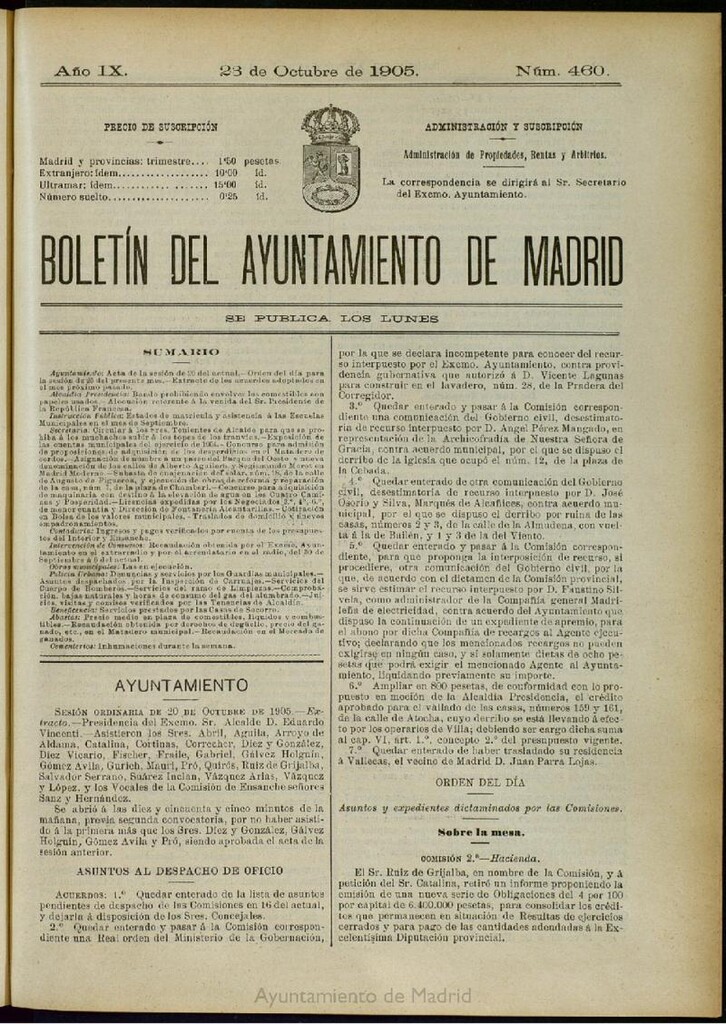 Miniatura de Boletín Oficial del Ayuntamiento de Madrid del 23 de octubre de 1905, nº 460