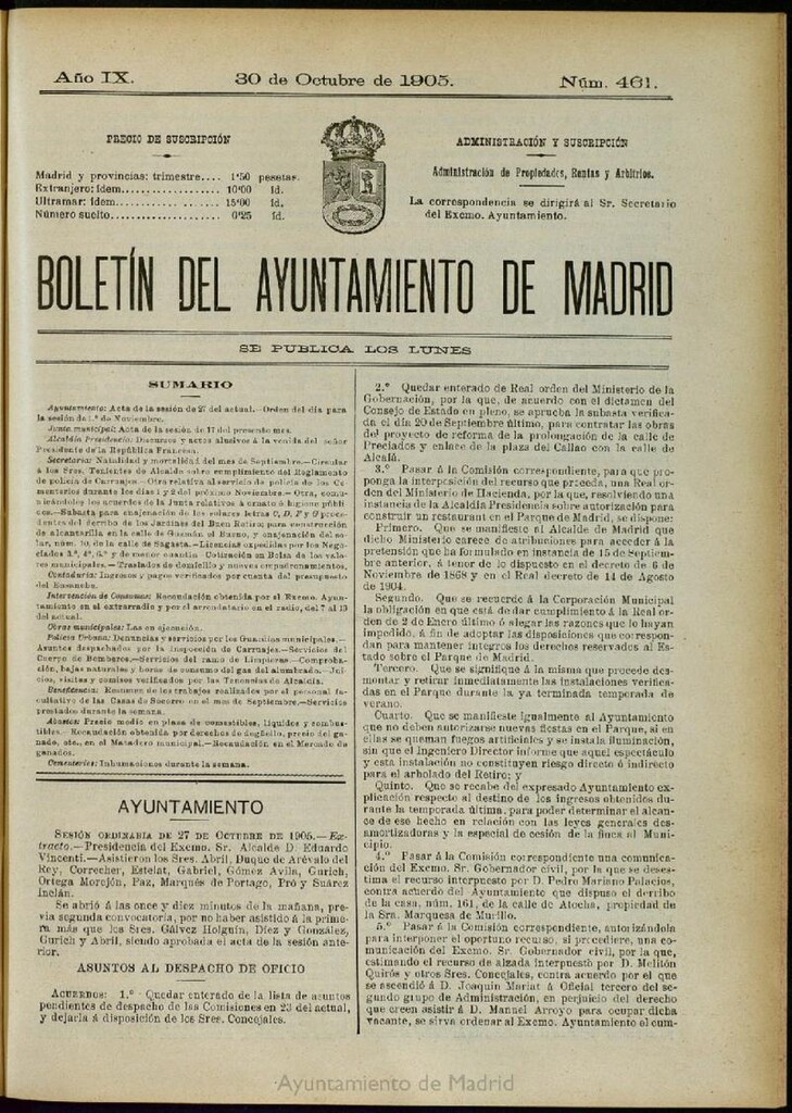 Miniatura de Boletín Oficial del Ayuntamiento de Madrid del 30 de octubre de 1905, nº 461