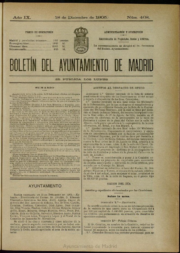 Miniatura de Boletín Oficial del Ayuntamiento de Madrid del 18 de diciembre de 1905, nº 468