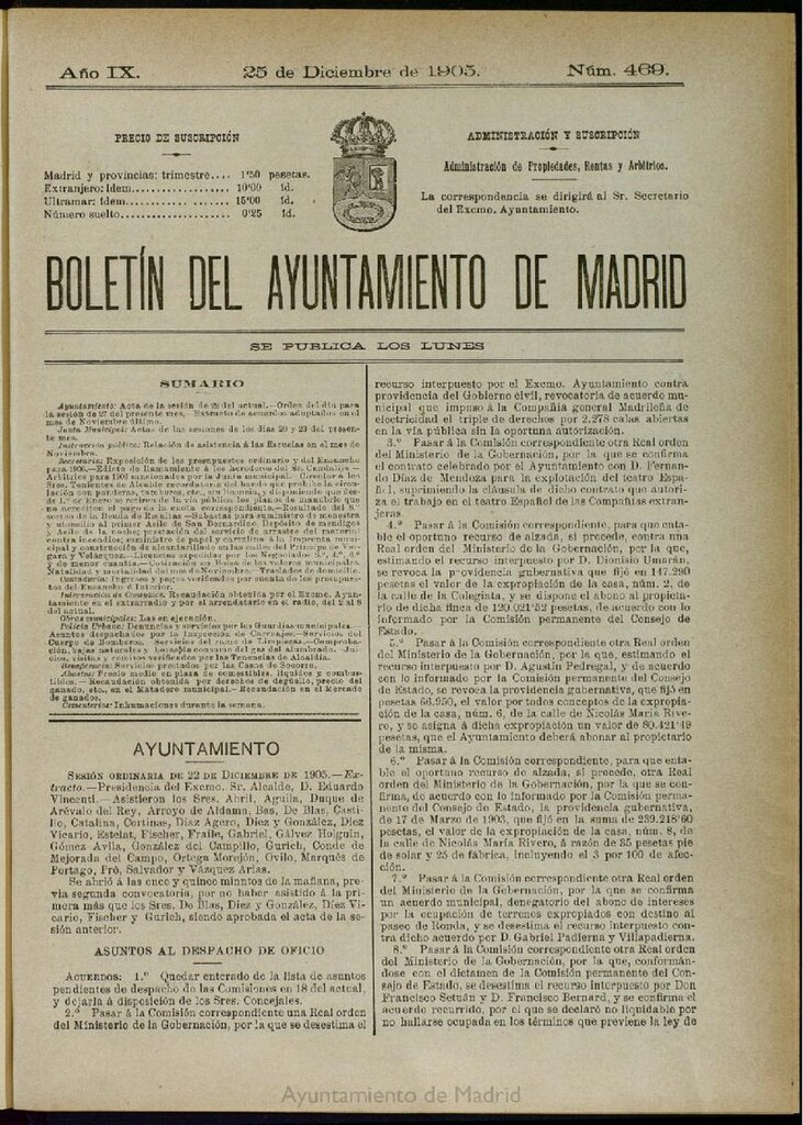 Miniatura de Boletín Oficial del Ayuntamiento de Madrid del 25 de diciembre de 1905, nº 469