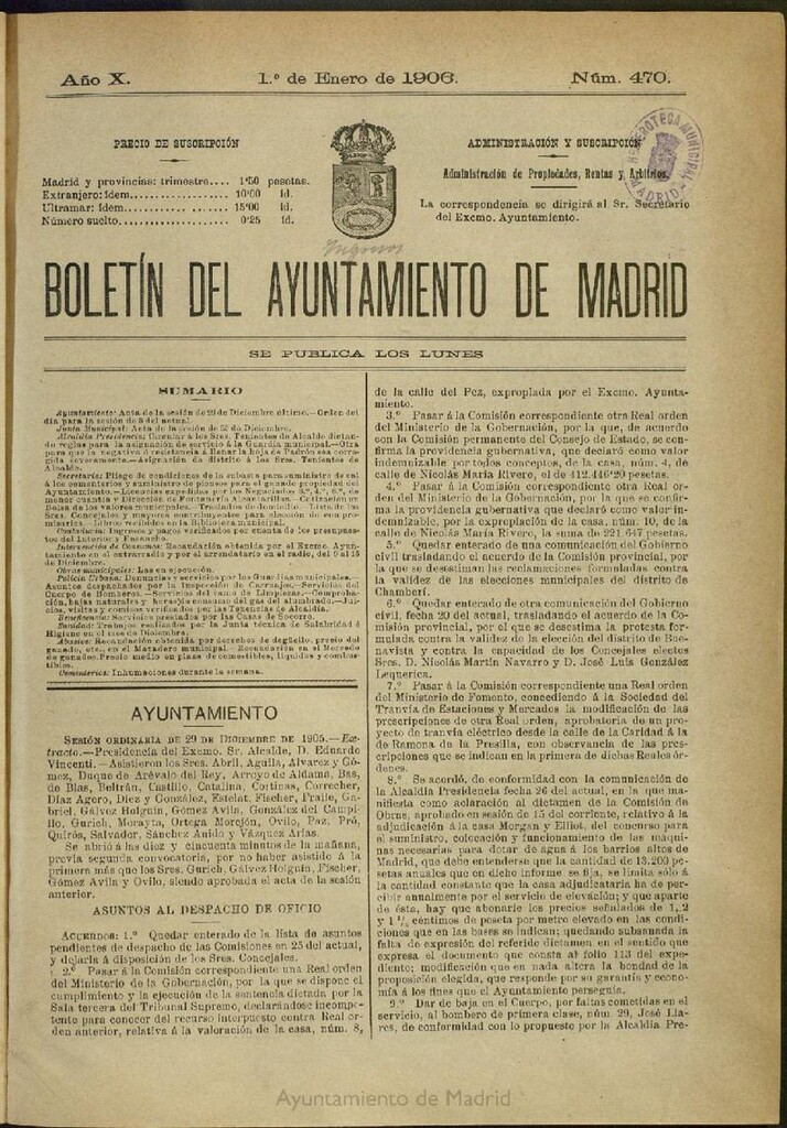 Miniatura de Boletín Oficial del Ayuntamiento de Madrid del 1 de enero de 1906, nº 470