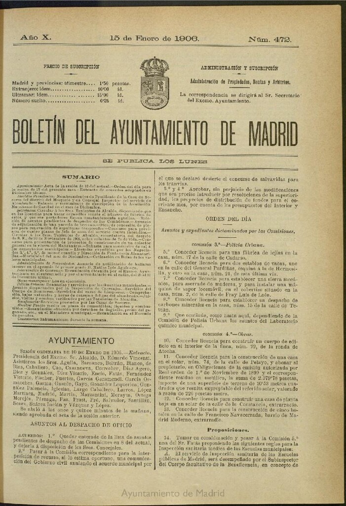 Miniatura de Boletín Oficial del Ayuntamiento de Madrid del 15 de enero de 1906, nº 472