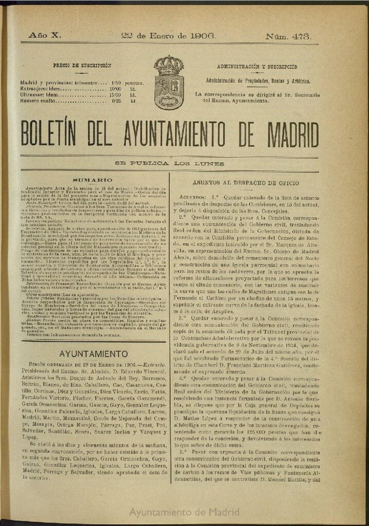 Miniatura de Boletín Oficial del Ayuntamiento de Madrid del 22 de enero de 1906, nº 473