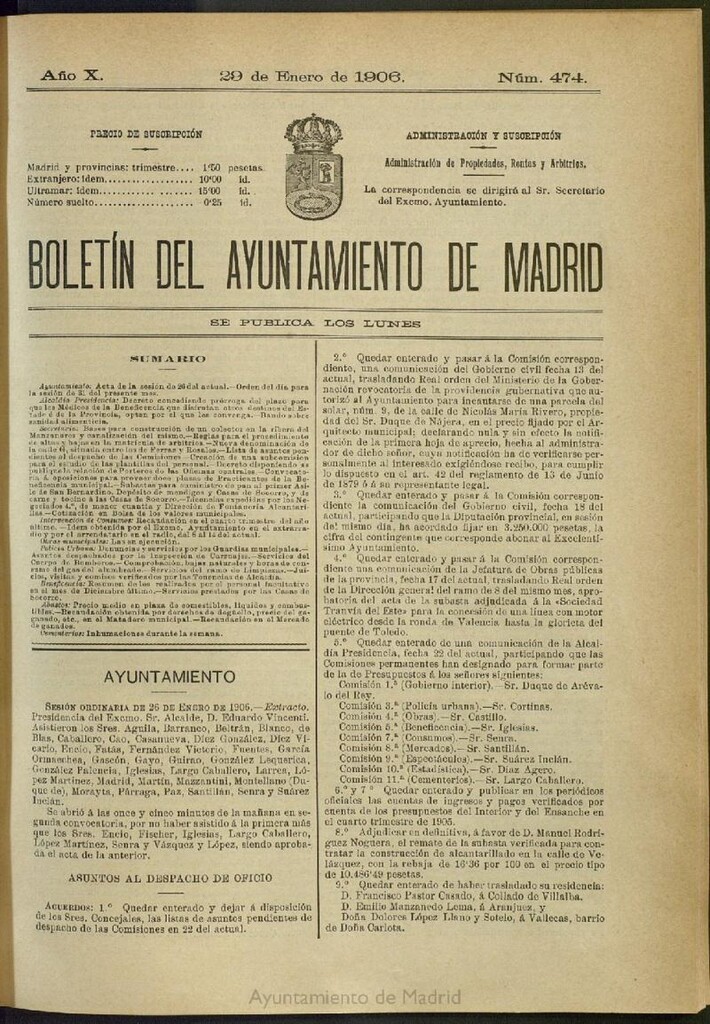 Miniatura de Boletín Oficial del Ayuntamiento de Madrid del 29 de enero de 1906, nº 474