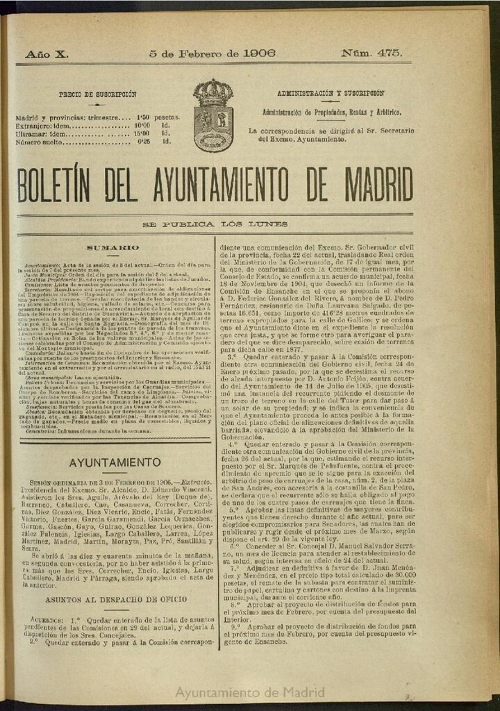 Miniatura de Boletín Oficial del Ayuntamiento de Madrid del 5 de febrero de 1906, nº 475