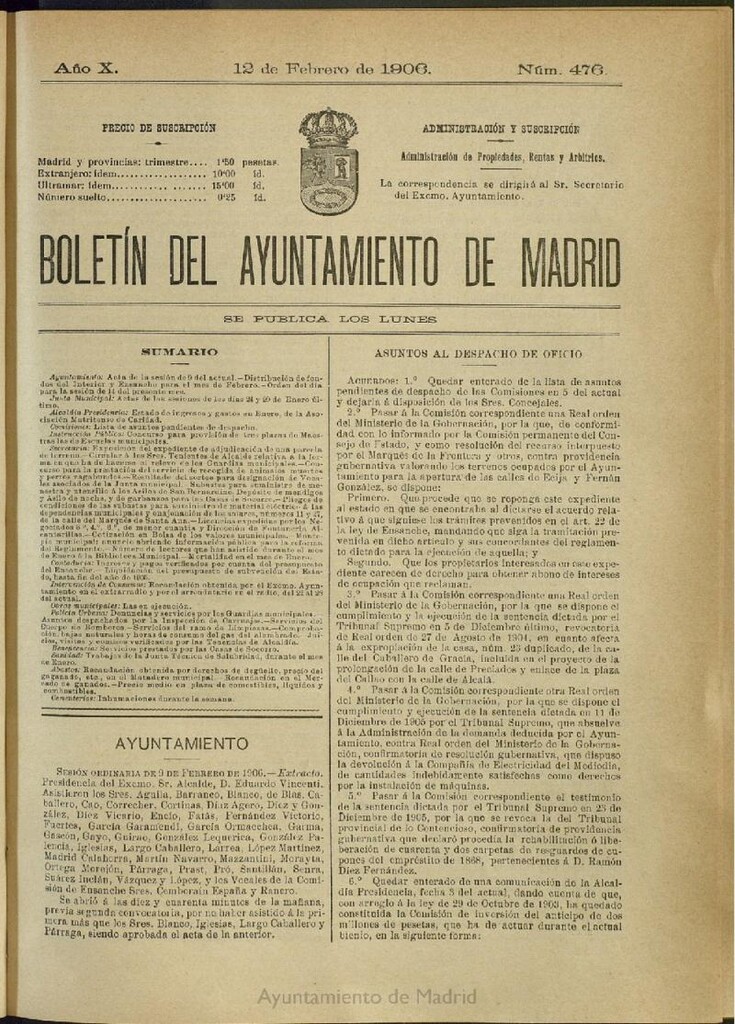 Miniatura de Boletín Oficial del Ayuntamiento de Madrid del 12 de febrero de 1906, nº 476