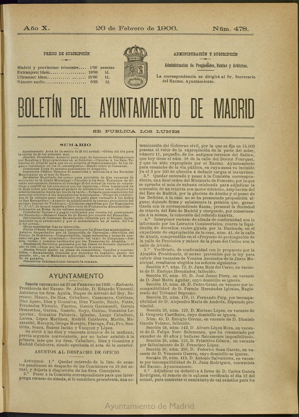 Miniatura de Boletín Oficial del Ayuntamiento de Madrid del 26 de febrero de 1906, nº 478