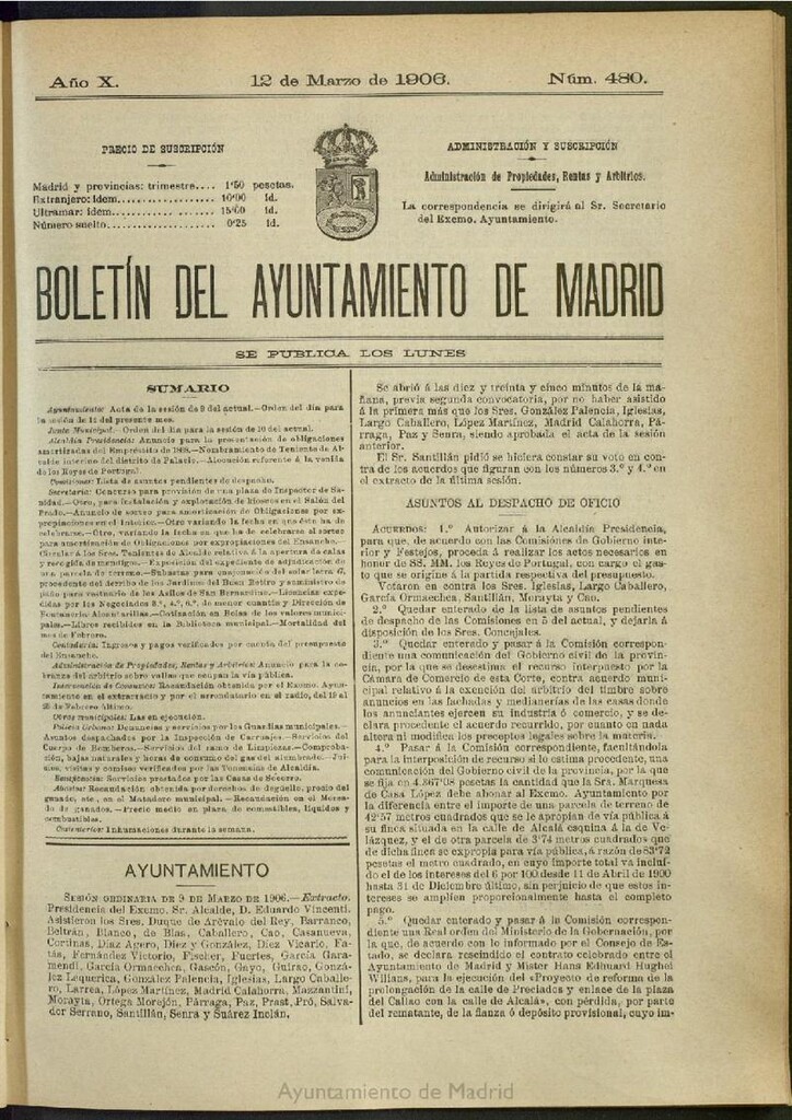 Miniatura de Boletín Oficial del Ayuntamiento de Madrid del 12 de marzo de 1906, nº 480