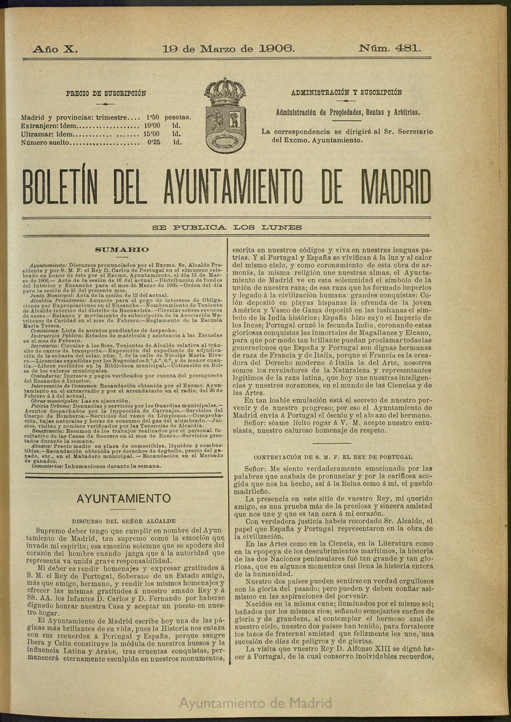 Miniatura de Boletín Oficial del Ayuntamiento de Madrid del 19 de marzo de 1906, nº 481