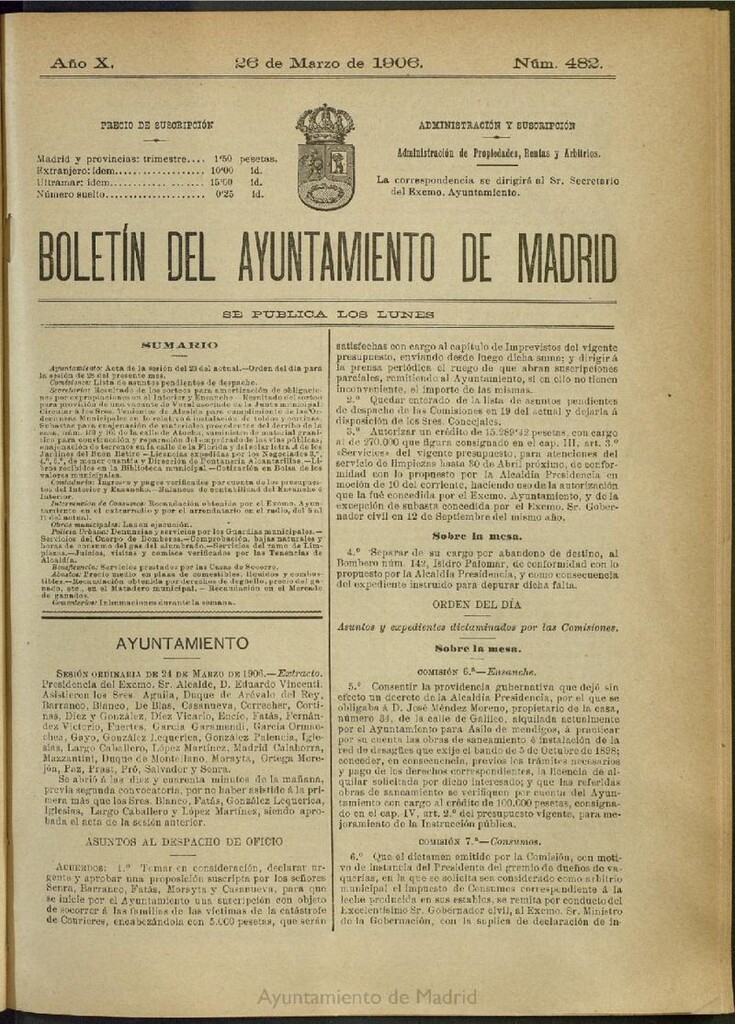 Miniatura de Boletín Oficial del Ayuntamiento de Madrid del 26 de marzo de 1906, nº 482