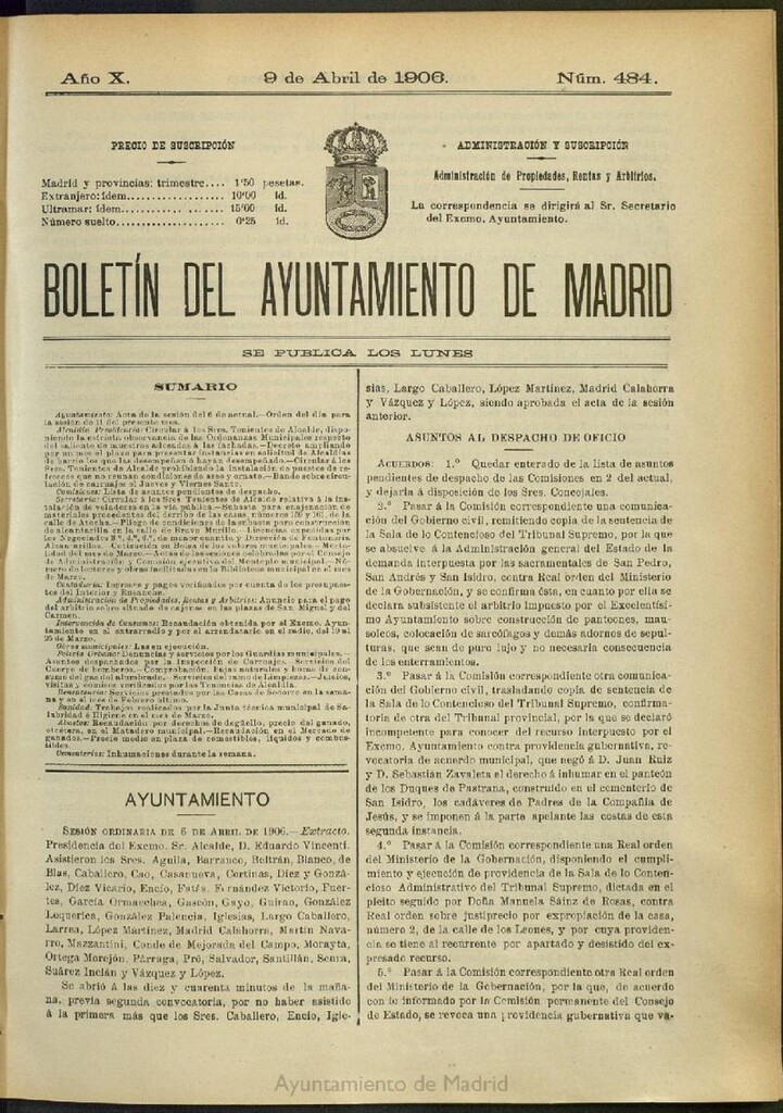 Miniatura de Boletín Oficial del Ayuntamiento de Madrid del 9 de abril de 1906, nº 484