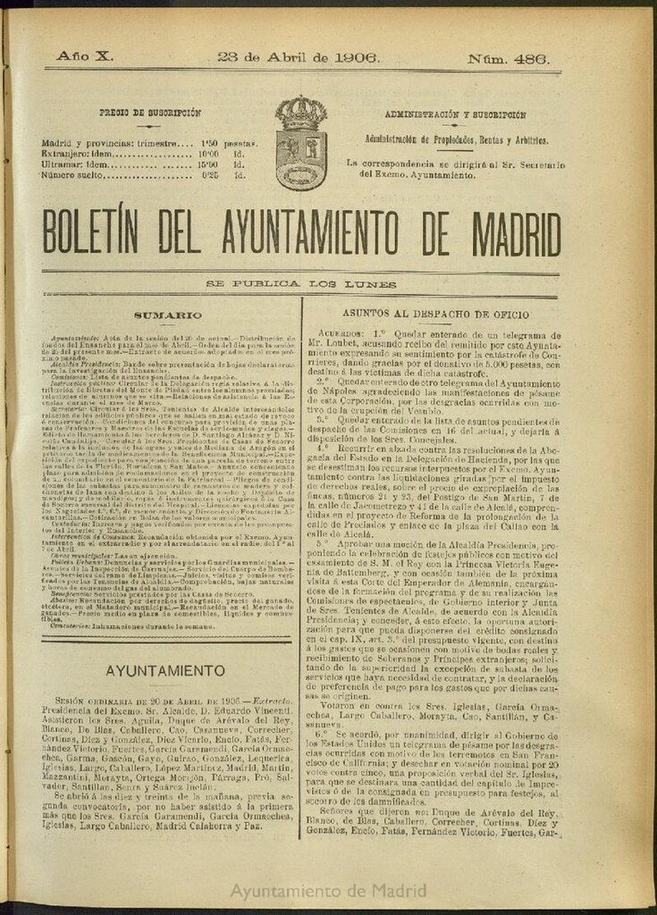 Miniatura de Boletín Oficial del Ayuntamiento de Madrid del 23 de abril de 1906, nº 486