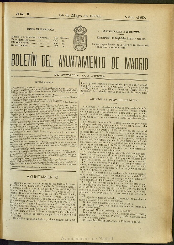 Miniatura de Boletín Oficial del Ayuntamiento de Madrid del 14 de mayo de 1906, nº 489
