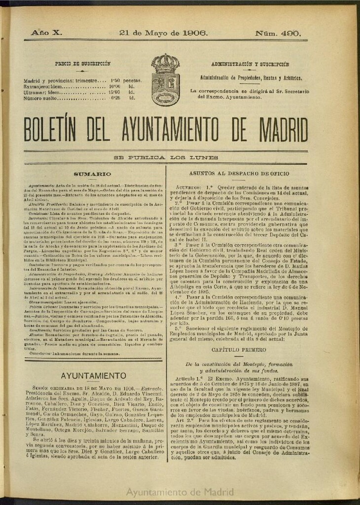 Miniatura de Boletín Oficial del Ayuntamiento de Madrid del 21 de mayo de 1906, nº 490