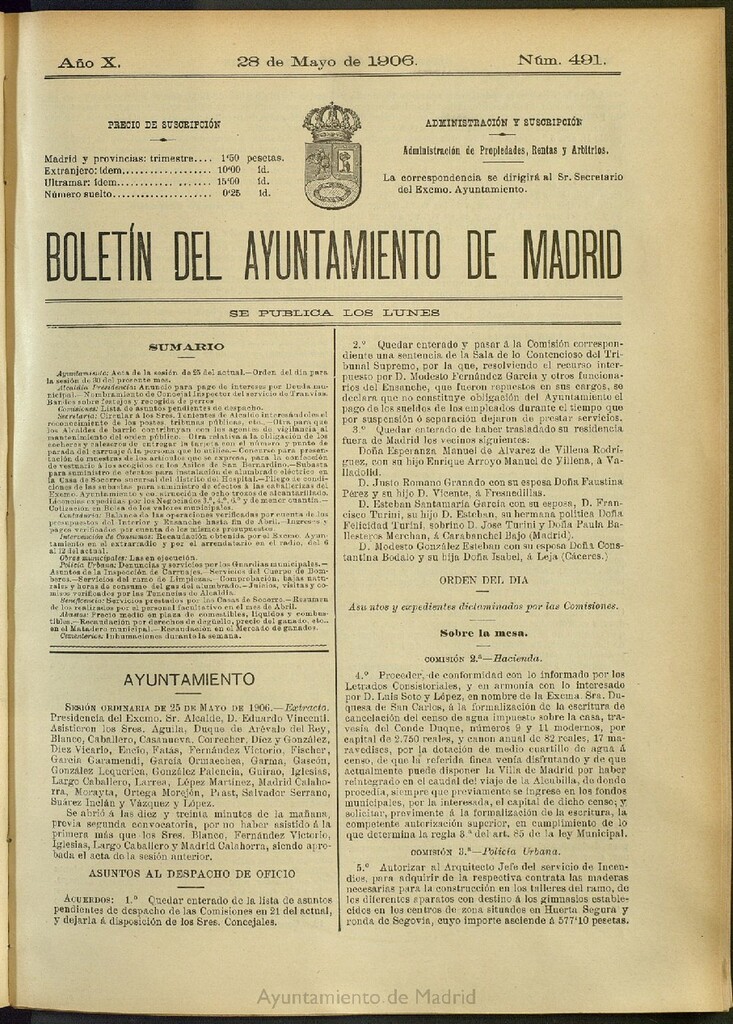Miniatura de Boletín Oficial del Ayuntamiento de Madrid del 28 de mayo de 1906, nº 491