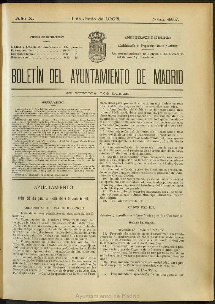Miniatura de Boletín Oficial del Ayuntamiento de Madrid del 4 de junio de 1906, nº 492