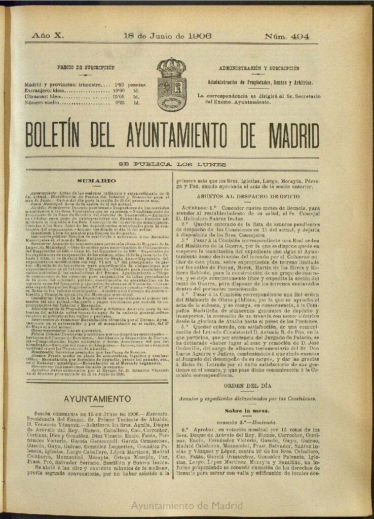 Miniatura de Boletín Oficial del Ayuntamiento de Madrid del 18 de junio de 1906, nº 494