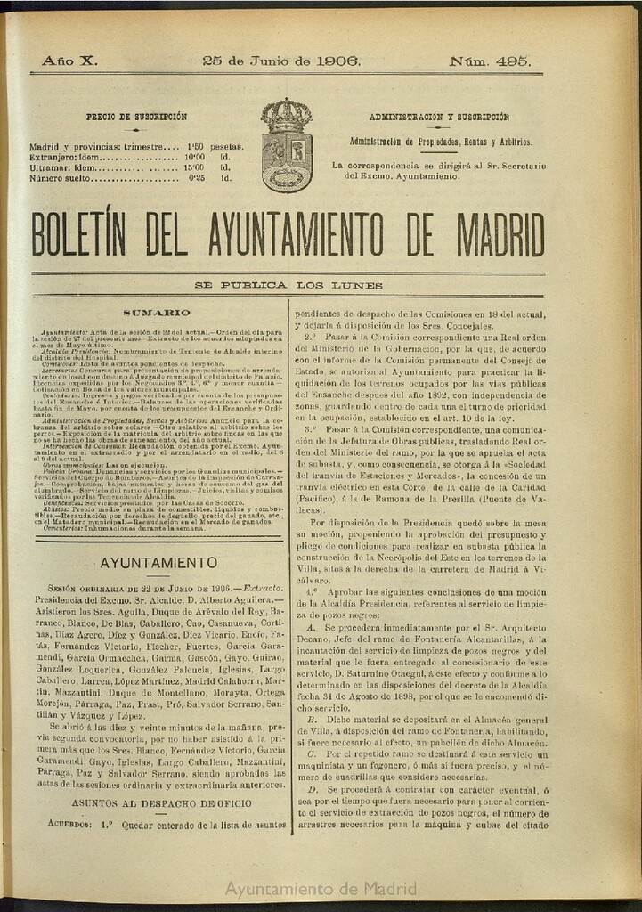 Miniatura de Boletín Oficial del Ayuntamiento de Madrid del 25 de junio de 1906, nº 495