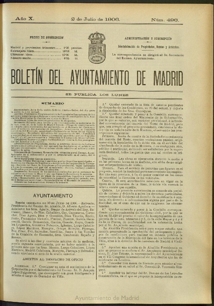 Miniatura de Boletín Oficial del Ayuntamiento de Madrid del 2 de julio de 1906, nº 496