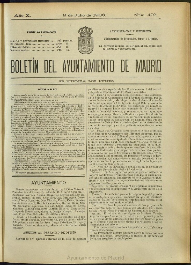 Miniatura de Boletín Oficial del Ayuntamiento de Madrid del 9 de julio de 1906, nº 497