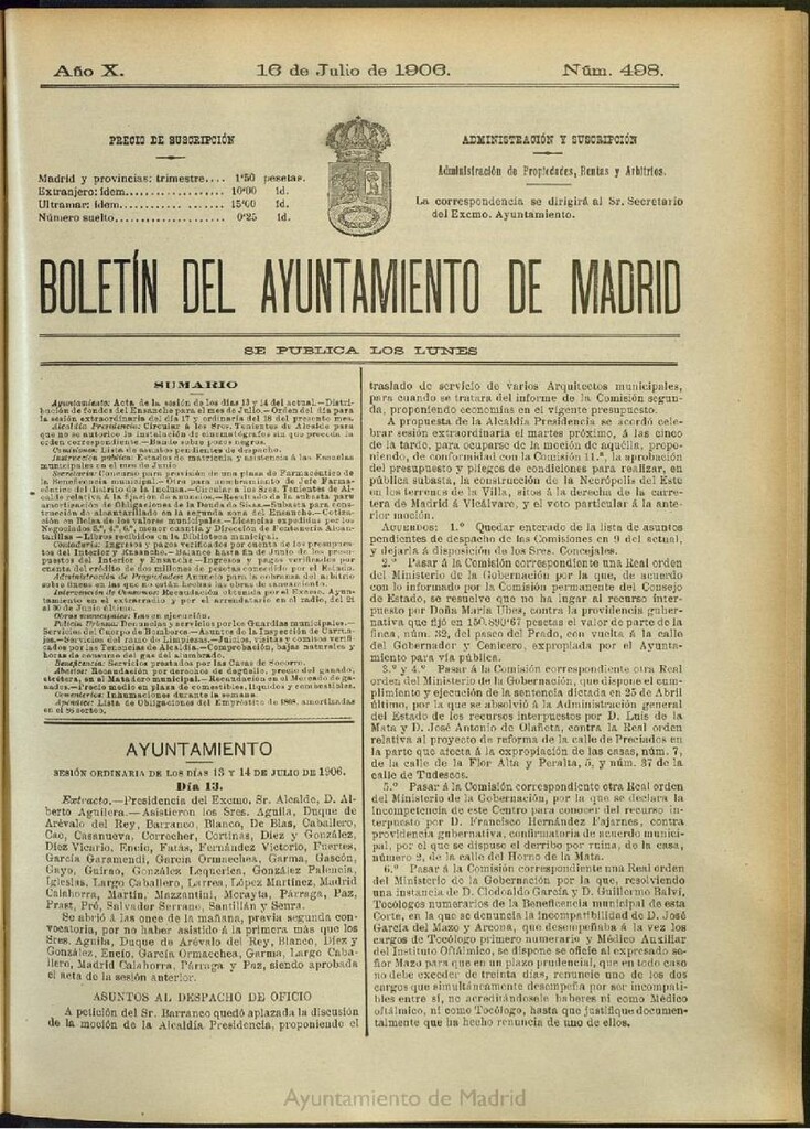 Miniatura de Boletín Oficial del Ayuntamiento de Madrid del 16 de julio de 1906, nº 498