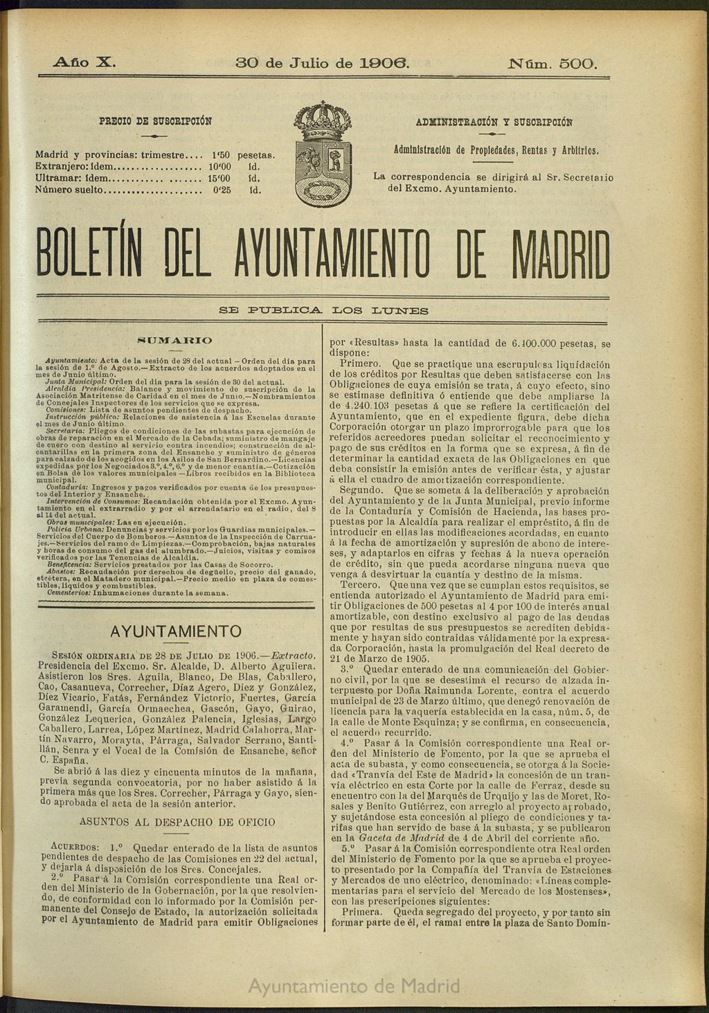 Miniatura de Boletín Oficial del Ayuntamiento de Madrid del 30 de julio de 1906, nº 500