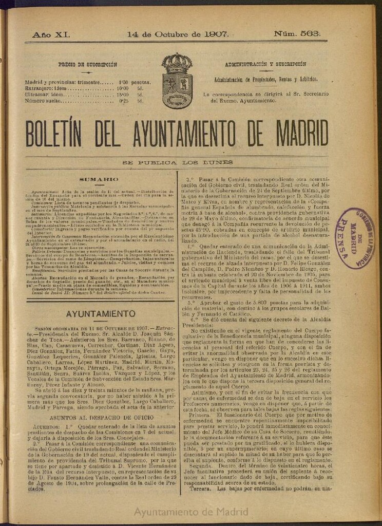 Miniatura de Boletín Oficial del Ayuntamiento de Madrid del 14 de octubre de 1907, nº 563