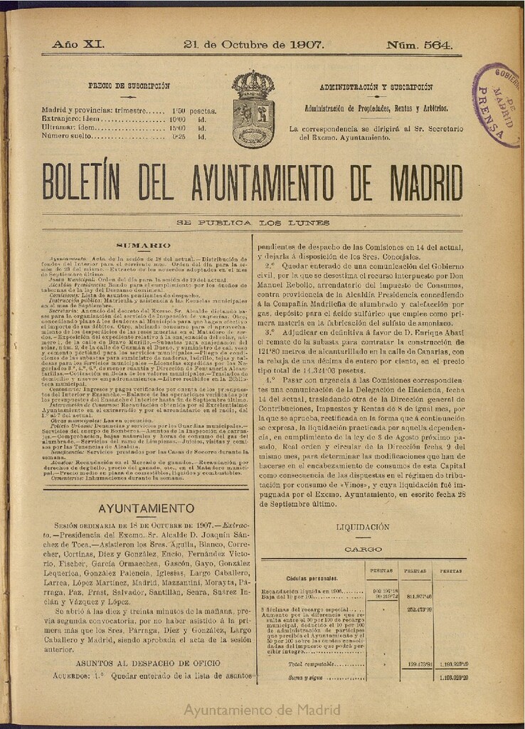 Miniatura de Boletín Oficial del Ayuntamiento de Madrid del 21 de octubre de 1907, nº 564