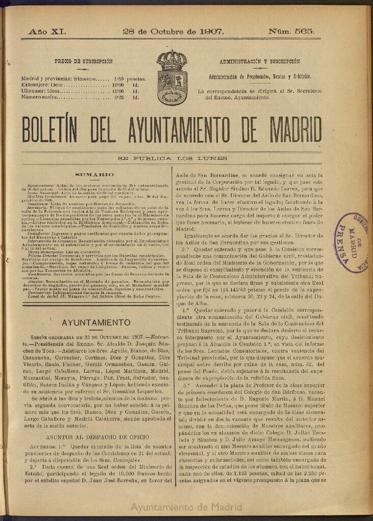 Miniatura de Boletín Oficial del Ayuntamiento de Madrid del 28 de octubre de 1907, nº 565