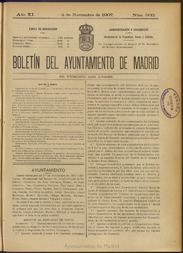 Miniatura de Boletín Oficial del Ayuntamiento de Madrid del 4 de noviembre de 1907, nº 566