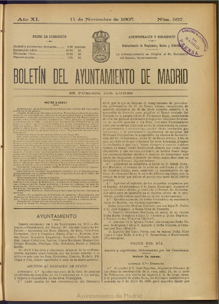 Miniatura de Boletín Oficial del Ayuntamiento de Madrid del 11 de noviembre de 1907, nº 567