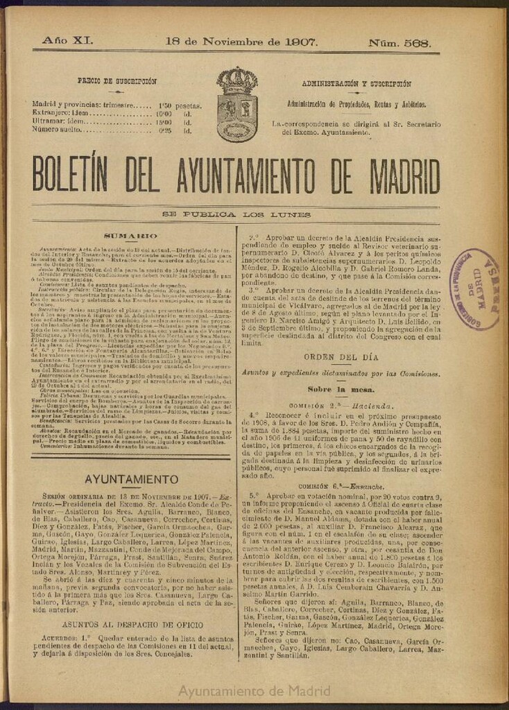 Miniatura de Boletín Oficial del Ayuntamiento de Madrid del 18 de noviembre de 1907, nº 568