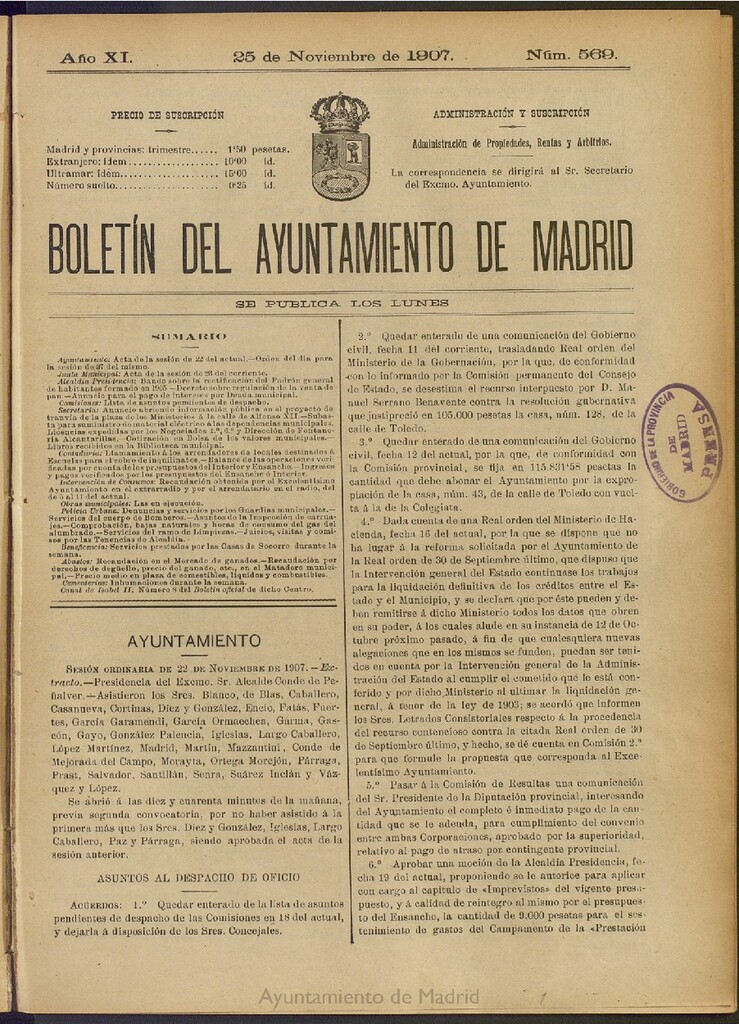 Miniatura de Boletín Oficial del Ayuntamiento de Madrid del 25 de noviembre de 1907, nº 569