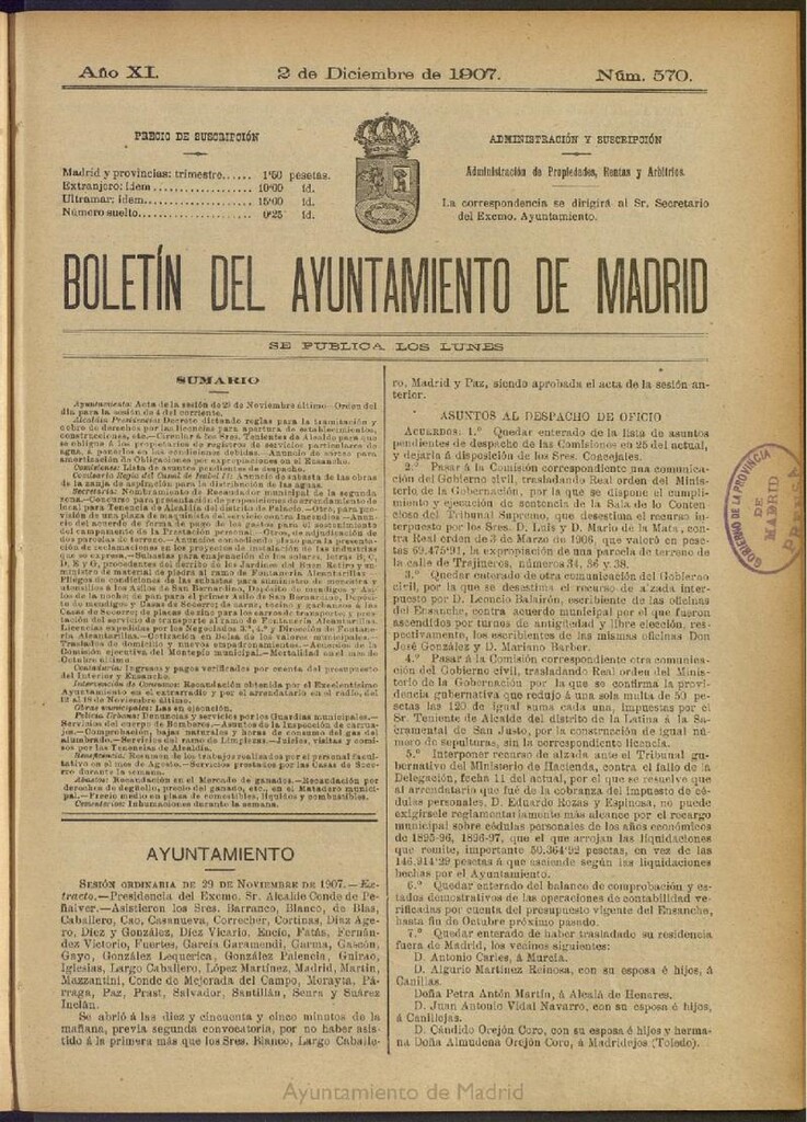 Miniatura de Boletín Oficial del Ayuntamiento de Madrid del 2 de diciembre de 1907, nº 570