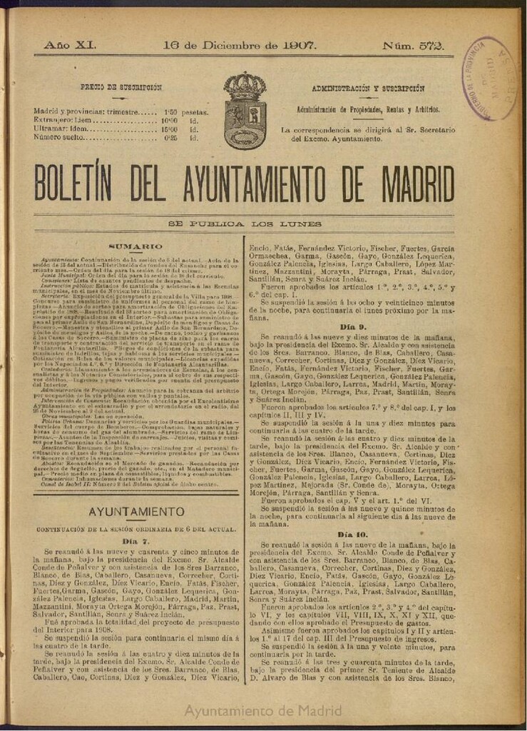 Miniatura de Boletín Oficial del Ayuntamiento de Madrid del 16 de diciembre de 1907, nº 572